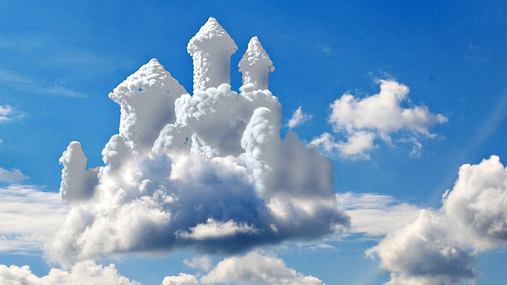 weißes und blaues Blumentextil, Wolken, Himmel, Schloss, digitale Kunst, Fotomanipulation, HD-Hintergrundbild