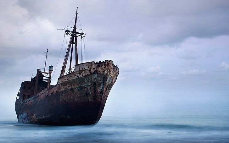 skeppsbrott, gammalt skepp, strand, hav, himmel, moln, fotografi, rost, skepp, blått, HD tapet