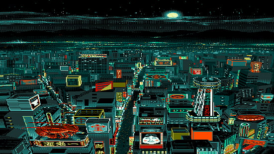 seni pixel, seni digital, pixelated, piksel, malam, bintang, Bulan, bangunan, lanskap kota, karakter Jepang, lobster, Wallpaper HD HD wallpaper