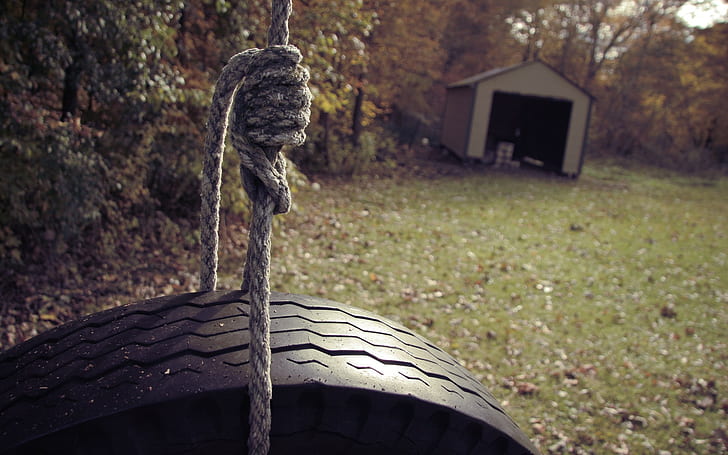 Tire Rope Swing Shed HD, neumático negro swing, naturaleza, cobertizo, columpio, cuerda, neumático, Fondo de pantalla HD