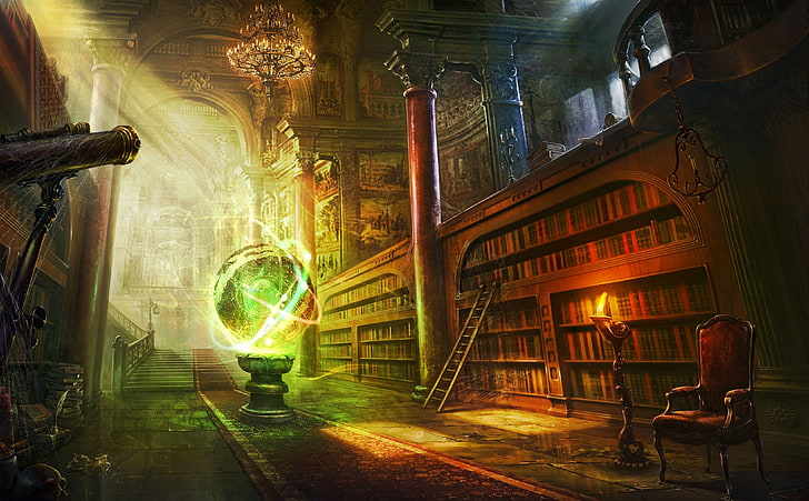 carta da parati digitale sfera di cristallo verde e marrone, magia, palla, biblioteca, colonne, castello, Sfondo HD