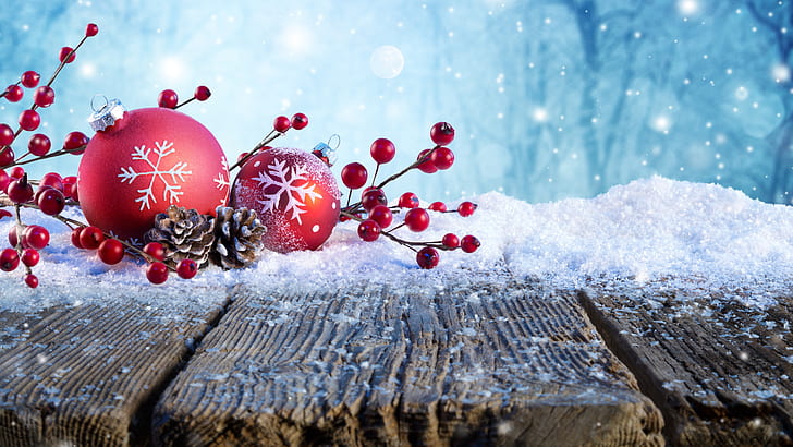 рождество, красный, елочный шар, елочные шары, деревянные доски, деревянные, снег, деревянные доски, рождество, зима, ягода, сосна, 5k Uhd, 5k, HD обои