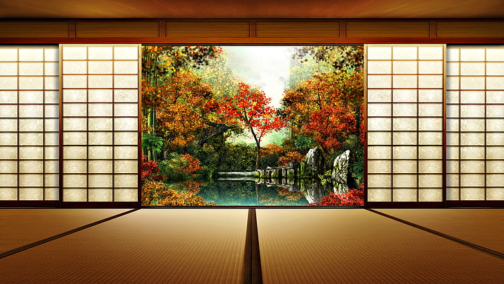 alberi, natura, giappone, tempo, casa giapponese, vista giardino, Sfondo HD