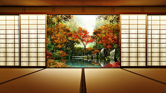 drzewa, przyroda, Japonia, pogoda, japoński dom, widok na ogród, Tapety HD HD wallpaper