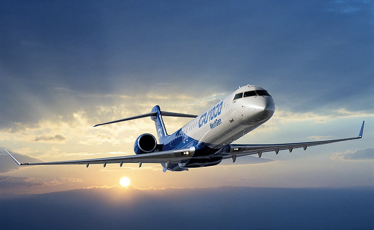 CRJ1000 NextGen, revêtement d'air blanc et bleu, moteurs, avion, Fond d'écran HD