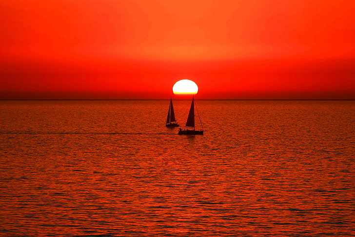 fotografia sylwetki dwóch żaglówek, morze, niebo, słońce, zachód słońca, łódź, jacht, żagiel, Tapety HD