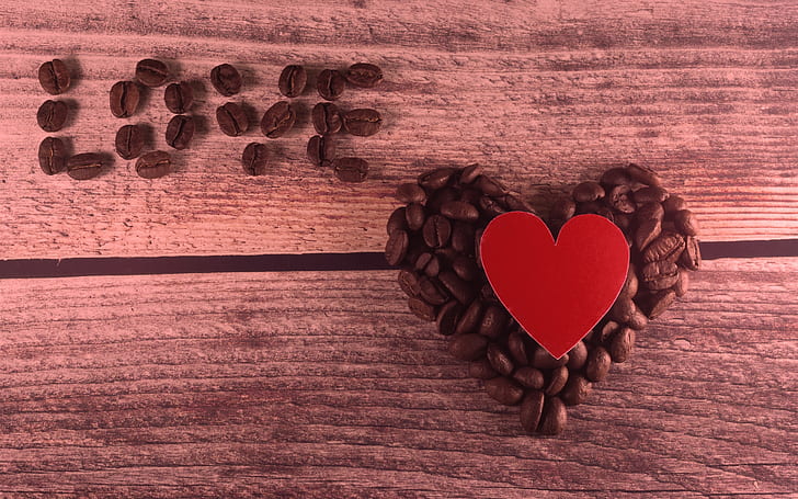 Любовное сердце, кофейные зерна, романтика, кофейные зерна в форме сердца, Любовь, Сердце, Кофе, Бобы, Романтика, HD обои