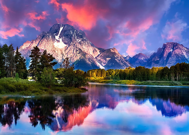 lukisan abstrak biru dan merah, pemandangan, gunung, salju, Wallpaper HD