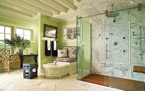 كشك دش زجاجي ، حمام ، دش ، غرفة ، داخلي ، أثاث، خلفية HD HD wallpaper