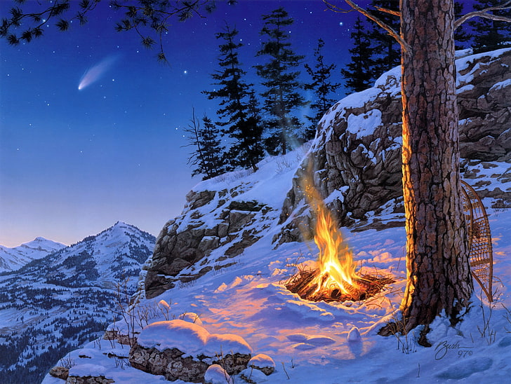 bonfire on mountain illustration, winter, stars, snow, landscape, mountains, night, spruce, the fire, pine, painting, Darrell Bush, Starfall, Once in a Lifetime, late in the evening, HD wallpaper