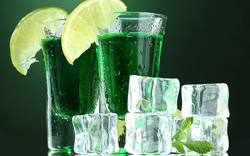 two clear drinking glasses, ice, summer, drops, glass, lemon, cocktail, lime, drink, mint, cool, Mojito, pieces of ice, HD wallpaper HD wallpaper