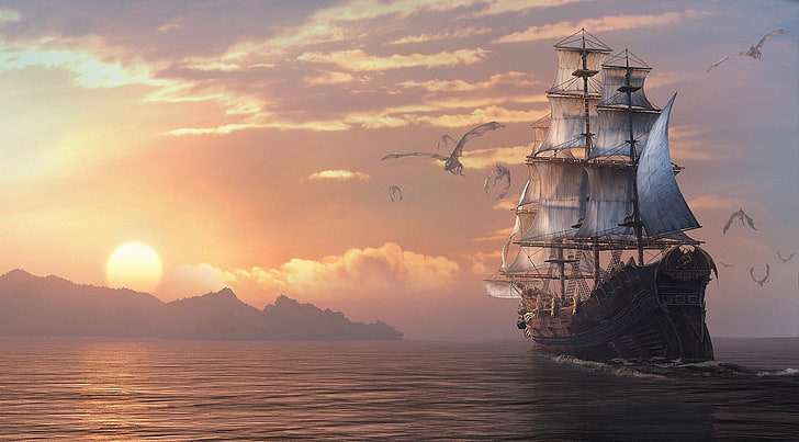 Segelschiff Tapete, Meer, Sonnenuntergang, Schiff, Segelboot, Drachen, Kunst, Dragon Eternity, Drachen der Ewigkeit, HD-Hintergrundbild