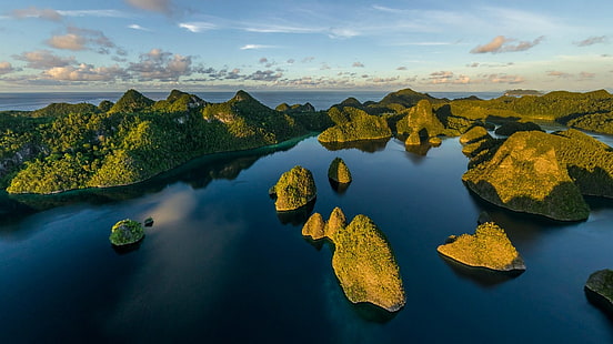 body of water, landscape, nature, island, tropical, sunset, sea, aerial view, Eden, Raja Ampat, Indonesia, HD wallpaper HD wallpaper