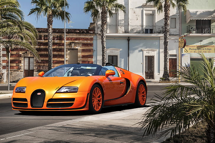 orange, palm trees, Bugatti, Veyron, the front, Vitesse, Gierke, HD wallpaper