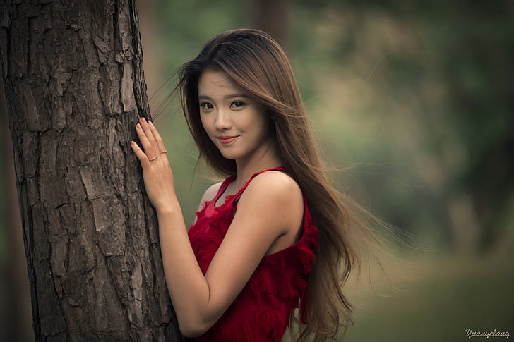 depth of field, women, model, brunette, tree bark, Asian, women outdoors, smiling, long hair, HD wallpaper