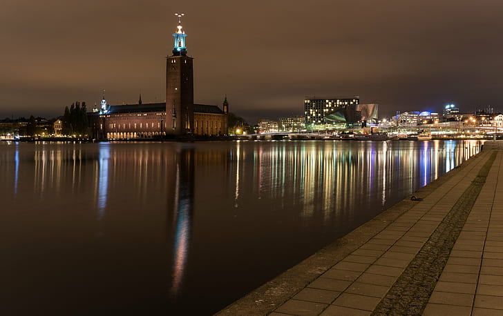 high rise building near body of water, calm, high rise building, body of water, Sweden, Stockholm, city, cityhall, Stadshuset, 70mm, night, reflection, river, cityscape, architecture, famous Place, illuminated, urban Skyline, dusk, water, urban Scene, tower, HD wallpaper