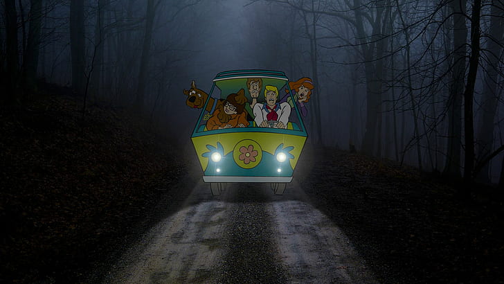Scooby-Doo Mystery Machine Night Forest Trees Lights HD, cartoon/comic, trees, night, forest, lights, machine, mystery, doo, scooby, HD wallpaper