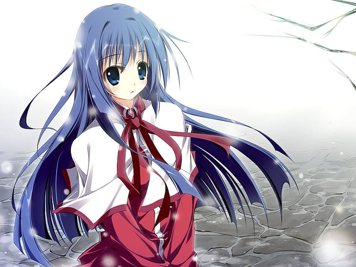 blauhaarige weibliche Anime-Figur, Kanon, Minase Nayuki, Mädchen, Wind, Schnee, HD-Hintergrundbild