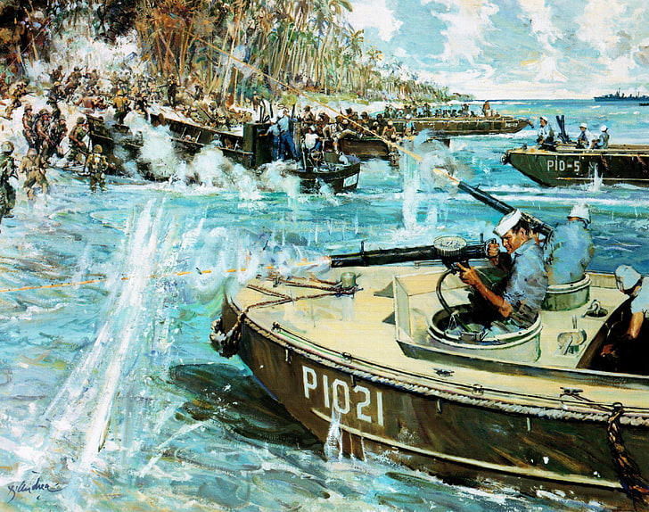 painting of soldiers fighting with people on shoreline, attack, figure, art, boats, shots, landing, WW2, Marines, Okinawa, with two, 1945, 7 mm, the pontoons, LCVP, LCP(L), American troops, machine guns, HD wallpaper