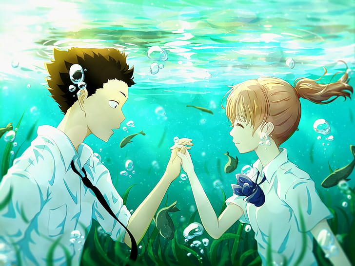 koe no katachi, shouya x shouko, underwater, couple, smiling, romance, Anime, HD wallpaper