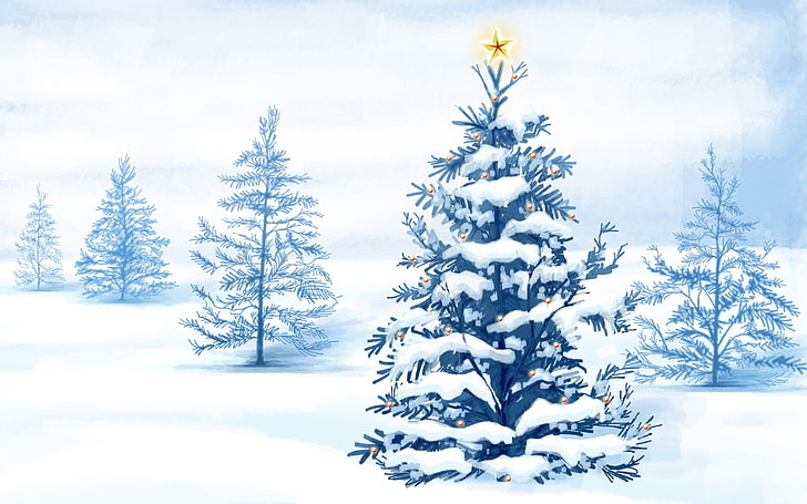 pine trees, Christmas, bright, cyan, HD wallpaper