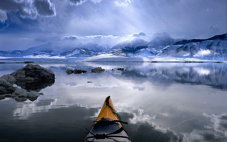 Winter Desktop, yellow and black kayak, landscape, lake, mountains, nature, skies, beautiful, mystical, canoe, snow, blue, winter, HD wallpaper