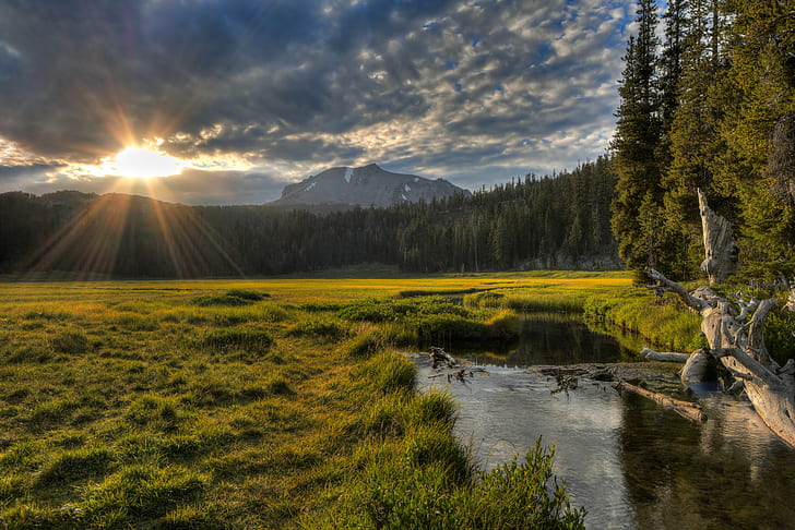 green grass field beside blue body of water, lassen peak, lassen peak, Lassen Peak, Meadow, green grass, blue, body of water, America, California, HDR, Lassen volcanic national park, USA, Volcano, clouds, forest, landscape, landscapes, national park, nature, river, stream, sunset, trees, Mountain, Adventure, Exploration, Natural Landmark, Scenic, Sun flare, Travel Destination, scenics, outdoors, lake, water, tree, beauty In Nature, reflection, summer, sky, travel, HD wallpaper