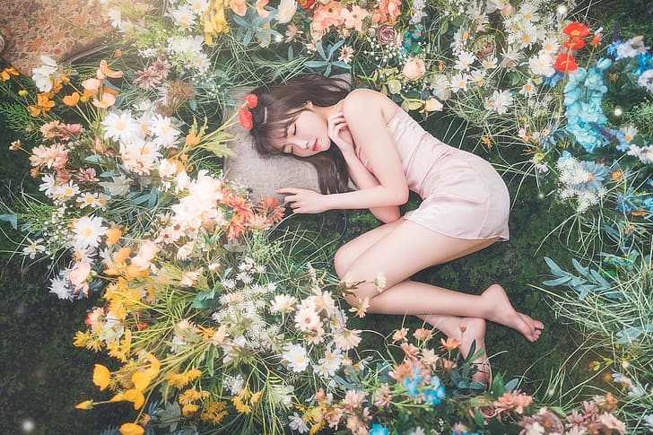 Sexy Funk Pig, women, Asian, brunette, closed eyes, dress, pink clothing, sleeping, barefoot, nature, flowers, plants, top view, colorful, HD wallpaper