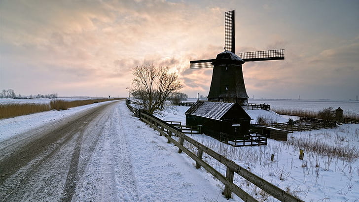 Windmill By A Winter Country Road, black windmill, windmill, winter, fence, sunset, road, nature and landscapes, HD wallpaper