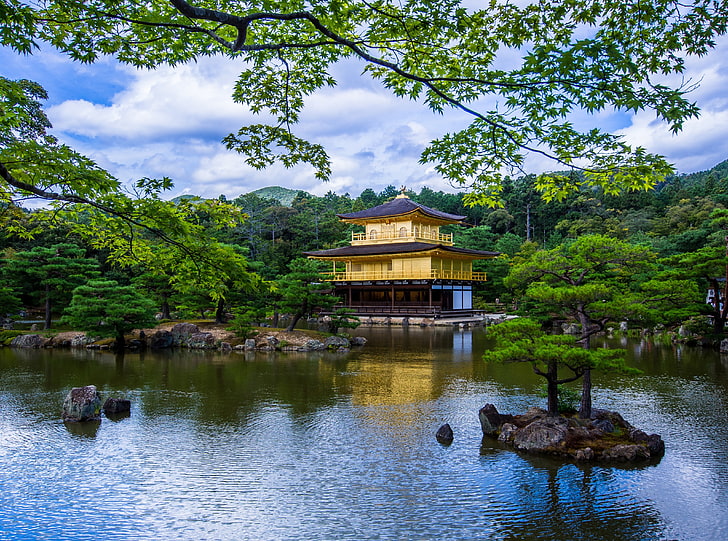 Kinkaku Ji Temple HD Wallpaper, brown and black pagoda, Nature, Lakes, Garden, Trees, Lake, Japan, Temple, kinkaku, HD wallpaper