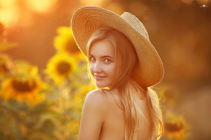 women, model, looking at viewer, portrait, women with hats, straw hat, depth of field, sunflowers, smiling, women outdoors, blonde, Dmitry Arhar, HD wallpaper