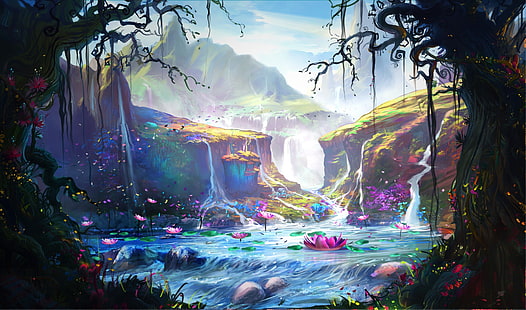 Fantazja, krajobraz, jezioro, wodospad, Tapety HD HD wallpaper