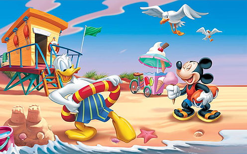 Donald Duck et Mickey Mouse Summer Vacation Beach Hd Wallpaper pour téléphones mobiles Tablet et Pc 1920 × 1200, Fond d'écran HD HD wallpaper