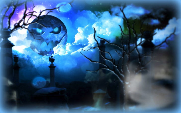 Blue Moon Halloween, other, dark, holiday, macabre, horror, creative-pre--made, halloween, colors, digital-art, ghost, spooky, blue, HD wallpaper