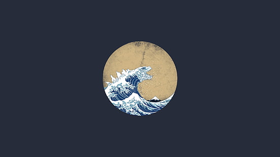 vågor, Godzilla, digital konst, konstverk, minimalism, The Great Wave utanför Kanagawa, HD tapet HD wallpaper