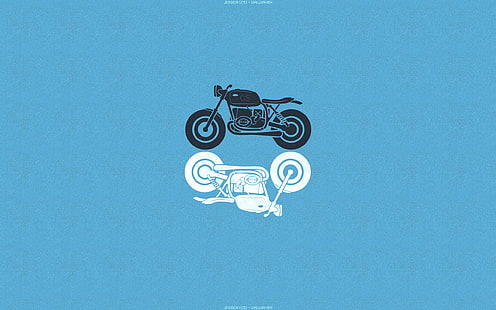 التوضيح دراجة نارية سوداء ، دراجة نارية ، بساطتها ، خلفية زرقاء ، سماوي ، خلفية سماوي، خلفية HD HD wallpaper