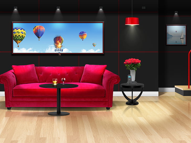interior, hot air balloons, picture frames, couch, room, table, HD wallpaper