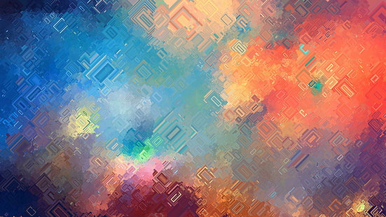 оранжев, син и зелен дигитален тапет, абстрактно, цветно, дигитално изкуство, оранжево, циан, HD тапет HD wallpaper