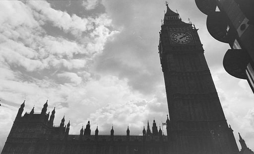 низкоугольная фотография в градациях серого Элизабет Тауэр, Лондон, Лондон, Биг Бен, город, винтаж, старый, фотография, Англия, HD обои HD wallpaper