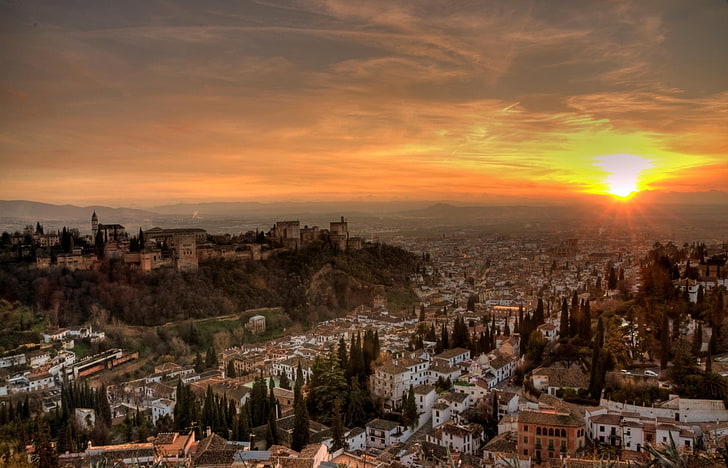 alhambra, amanecer, ciudad, granada, HD papel de parede
