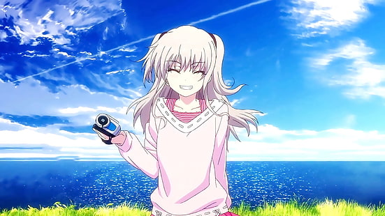 cabelos prateados, Charlotte (anime), sorrindo, Tomori Nao, nuvens, loira, olhos fechados, mar, céu, água, garotas de anime, HD papel de parede HD wallpaper