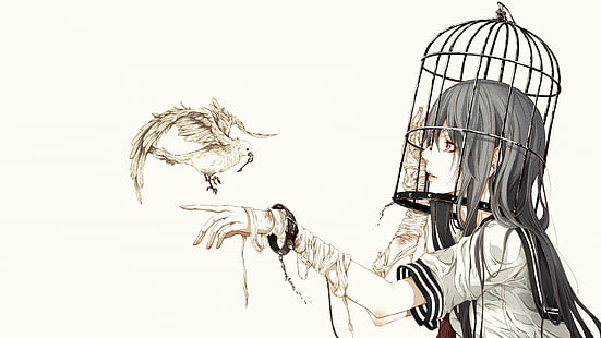 cages, bandage, anime girls, school uniform, birdcage, birds, original characters, HD wallpaper HD wallpaper