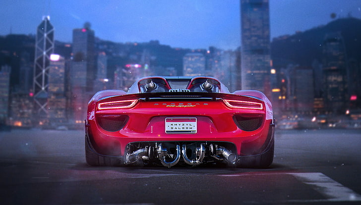 red Porsche sports car, car, Porsche, city, Porsche 918 Spyder, tuning, Khyzyl Saleem, Hong Kong, red cars, twin-turbo, render, artwork, HD wallpaper