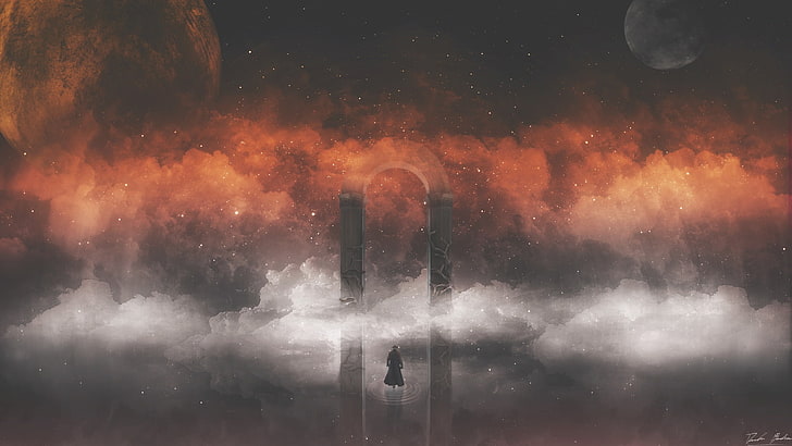 човек, стоящ близо до две черни кули, дигитално изкуство, червено, арка, мъгла, HD тапет