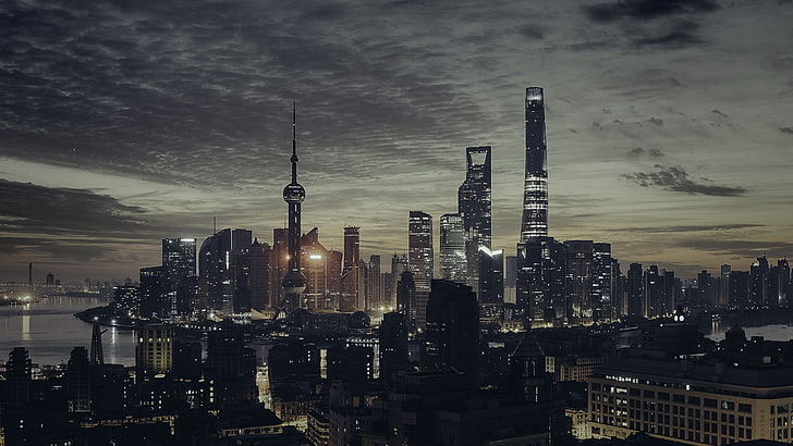 paysage urbain, ville, ligne d'horizon, ciel, soirée, Shanghai, Fond d'écran HD