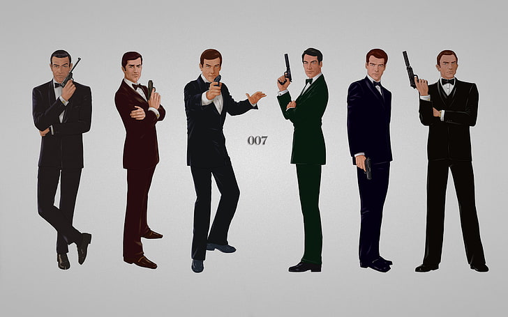 Cartel de James Bond 007, la inscripción, pistolas, fondo gris, James Bond, Daniel Craig, disfraces, Sean Connery, 007, agente 007, Pierce Brosnan, enlace, Timothy Dalton, George Lazenby, seis personas, Roger George Moore, Fondo de pantalla HD