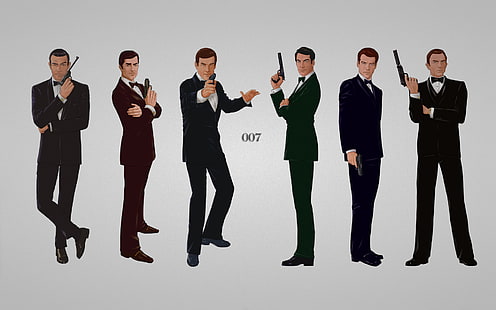James Bond 007-affisch, inskriptionen, kanoner, grå bakgrund, James Bond, Daniel Craig, kostymer, Sean Connery, 007, agent 007, Pierce Brosnan, bond, Timothy Dalton, George Lazenby, sex personer, Roger George Moore, HD tapet HD wallpaper
