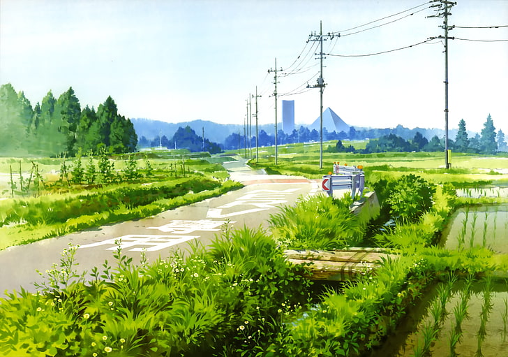 gramado de grama verde, anime, paisagem, nuvens, grama, estrada, HD papel de parede