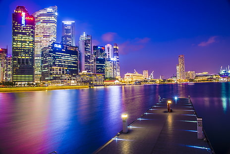 싱가포르, 도시, 아시아, 고층 빌딩의 사진, 싱가포르, 도시, 아시아, 밤, 저녁, 베이, 독, 교각, 고층 빌딩, 건물, 고층, 집, 조명, HD 배경 화면 HD wallpaper