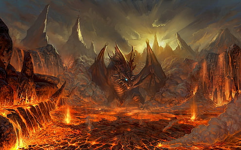 dragon, lava, fantasy art, video games, Lineage II, Valakas, HD wallpaper HD wallpaper